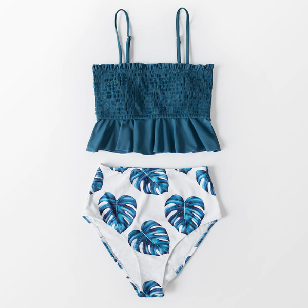 Blue Solid Color Floral Ruffle Tankini - High Waist