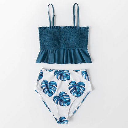 Blue Solid Color Floral Ruffle Tankini - High Waist