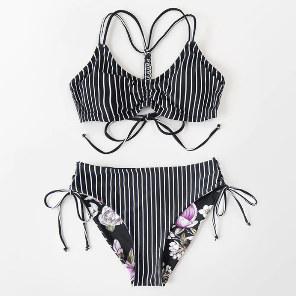 Reversible Black Bikini with Laces and Striped Straps - Medium Waist