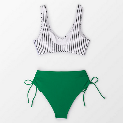 Striped Bikini with Green Tight Bottom - High Waist