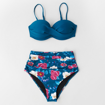 Navy Blue Chana Twist Front Sleek Floral Bikini - High Waist