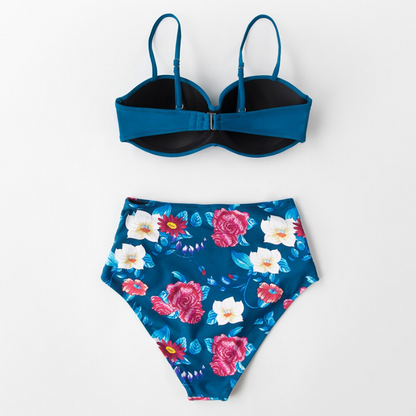 Bikini Elegante Floral con Parte Delantera Torcida Chana Azul Marino - Cintura Alta
