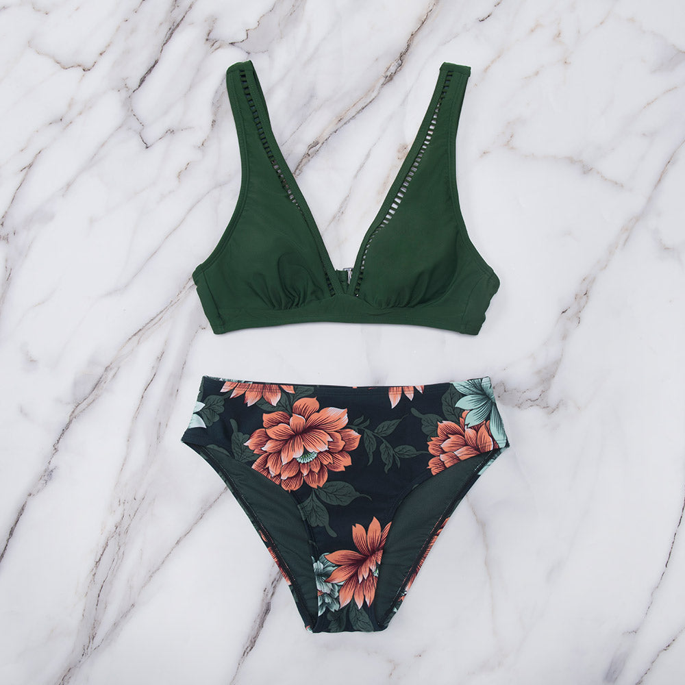Green Jadyn Floral Plunge Bikini - Mid Waist