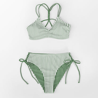 Bikini Verde Reversible con Cordones y Tiras Rayadas - Cintura Media