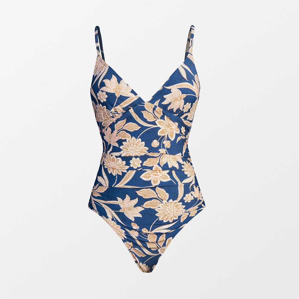 Tranquil Tropics Ruched V Neck Swimsuit - One Piece