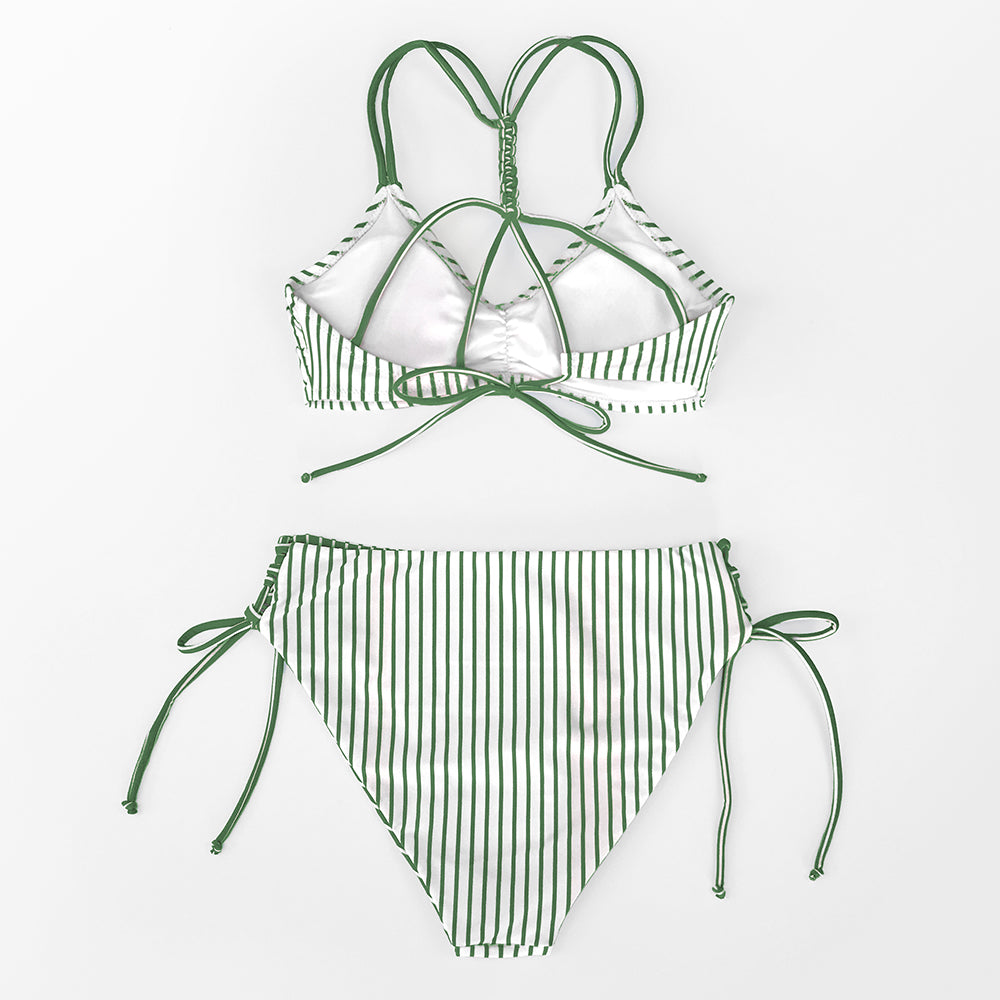 Green Reversible Bikini with Laces and Striped Straps - Medium Waist