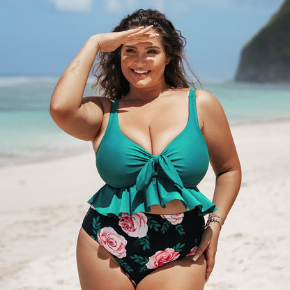 Bikini Anunado Fruncido y Bragita Floral - Talla Grande