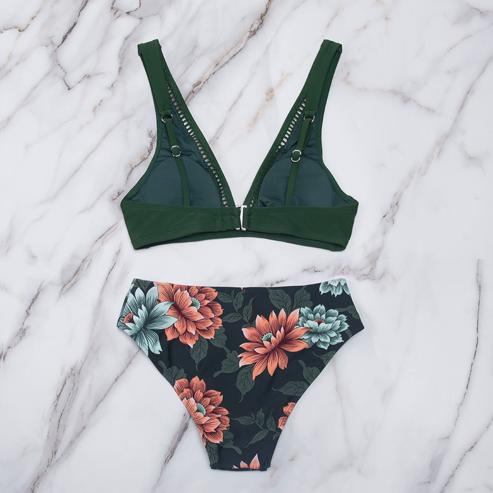 Green Jadyn Floral Plunge Bikini Mid Waist