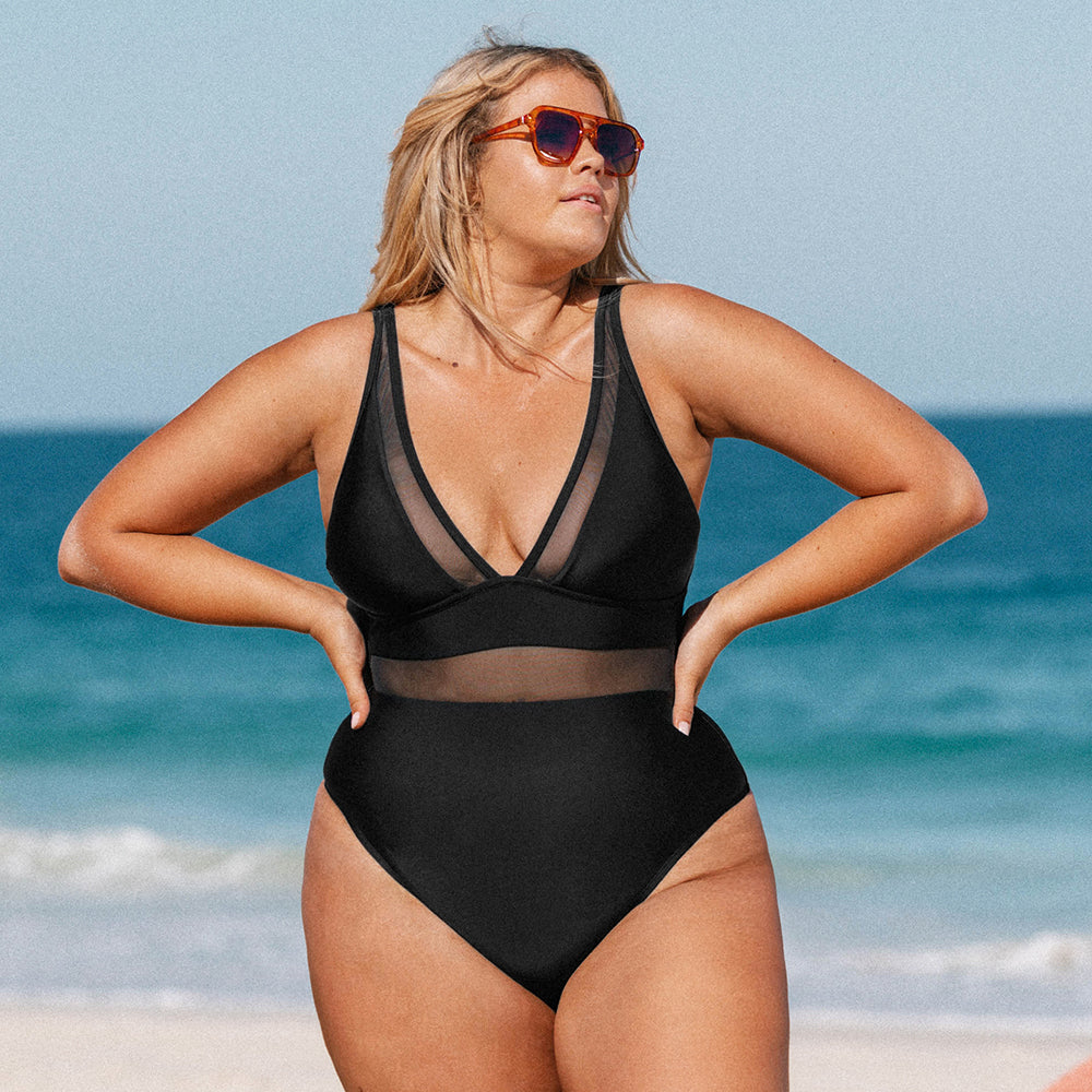 Solid Mesh Panel One Piece Swimsuit - Plus Size
