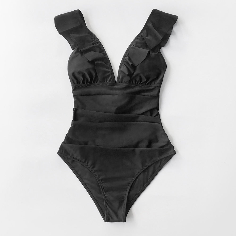 Black Halter Neck Ruffled Lace-Up Swimsuit - One Piece