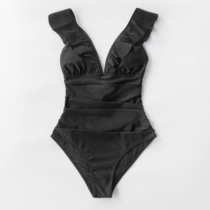 Black Halter Neck Ruffled Lace-Up Swimsuit - One Piece