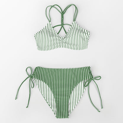 Green Reversible Bikini with Laces and Striped Straps - Medium Waist