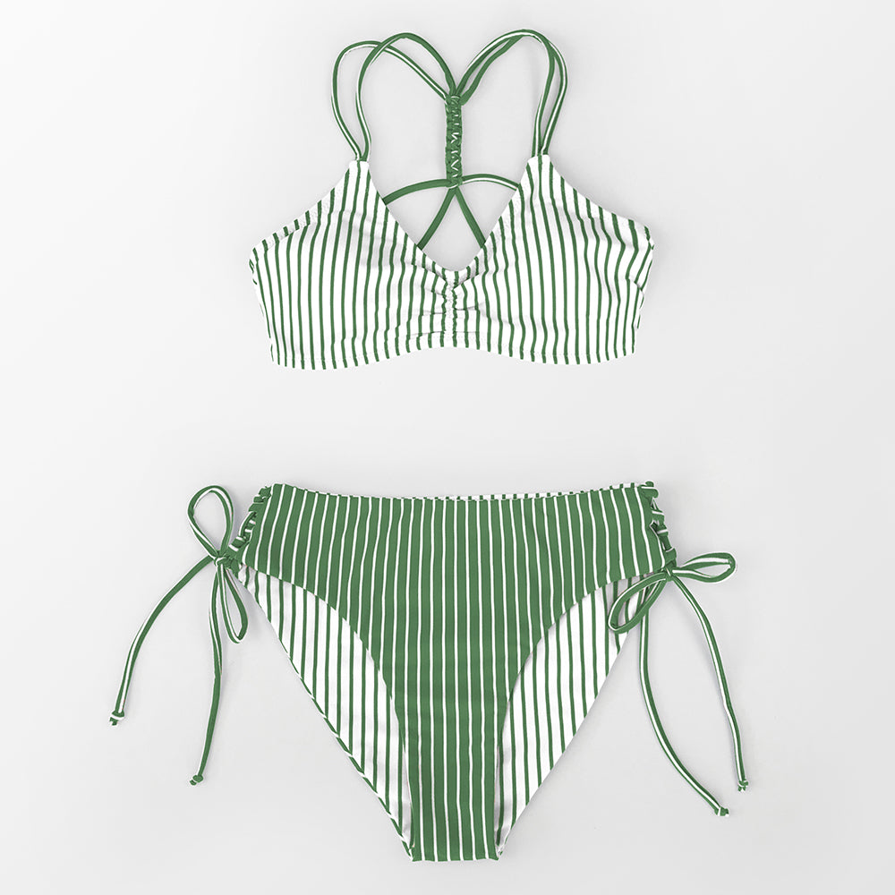 Bikini Verde Reversible con Cordones y Tiras Rayadas - Cintura Media