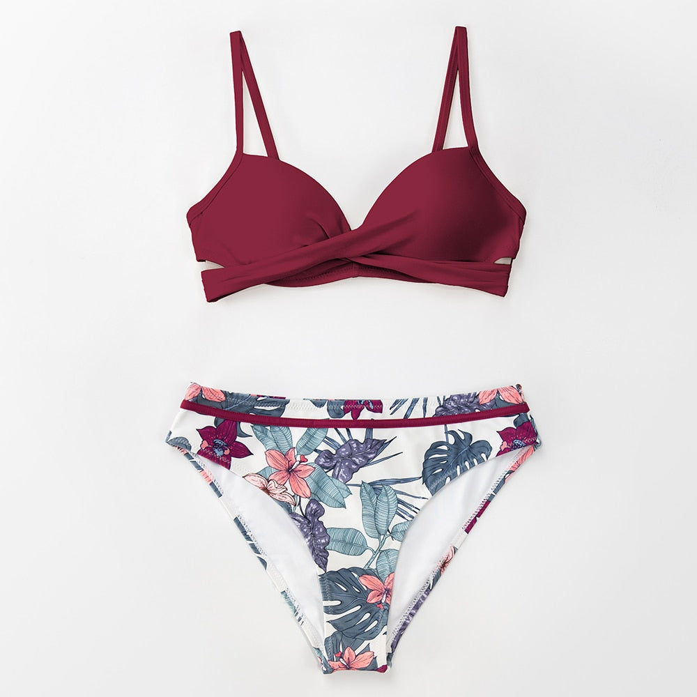 Plum and cheap floral wrap bikini