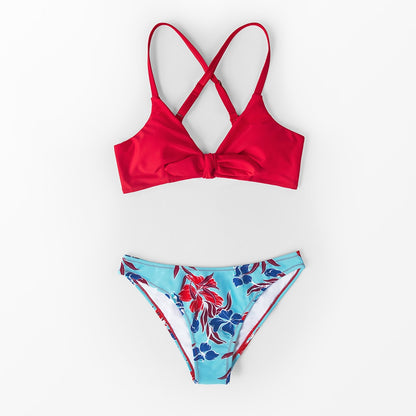 Red And Floral Print Bikini - Low Waist