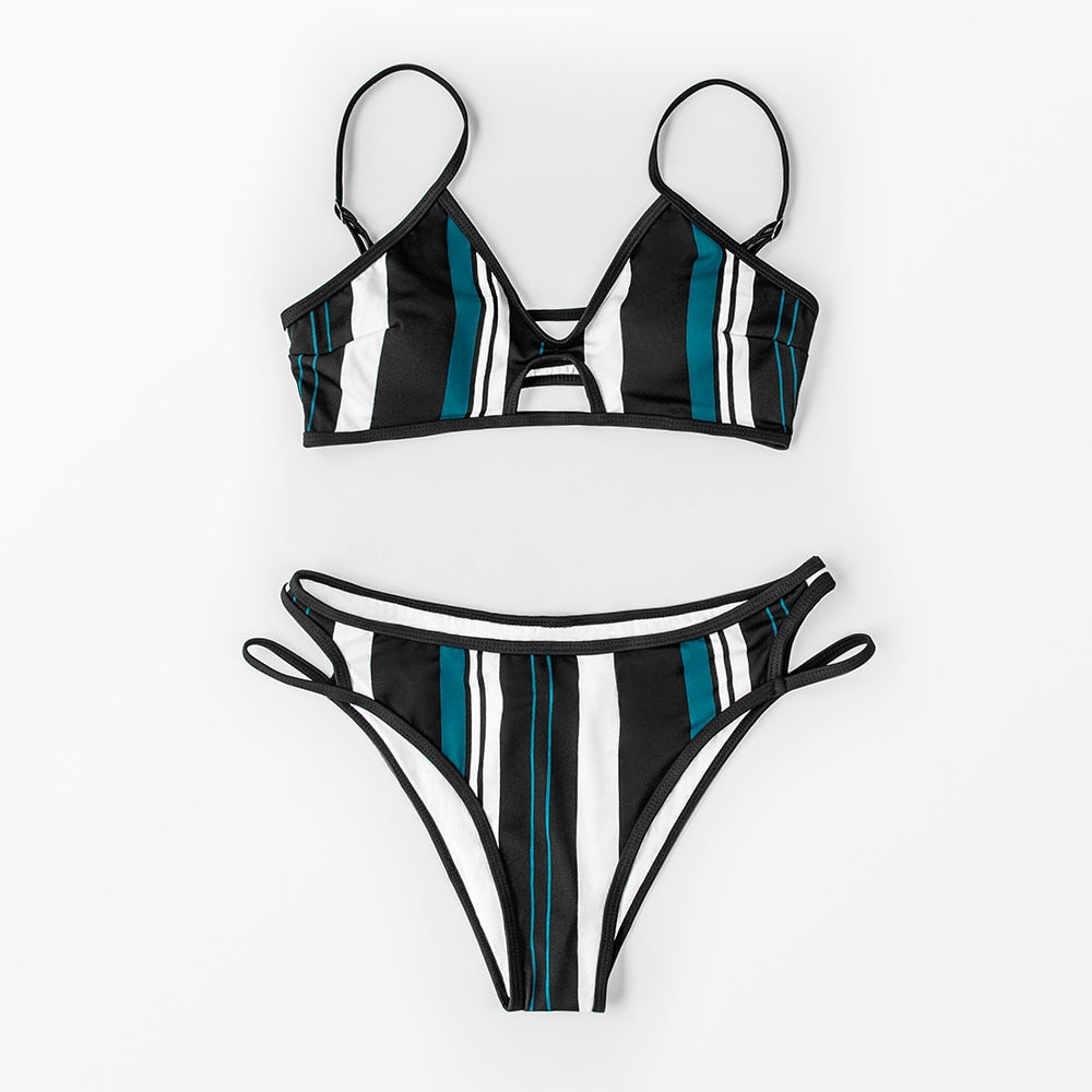 Bikini Azul Rayas Blancas Y Negras - Cintura Baja