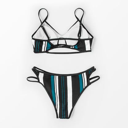 Blue Black And White Stripes Bikini - Low Waist