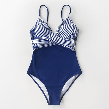 Blue Crossed Swimsuit And Stripes - One Piece