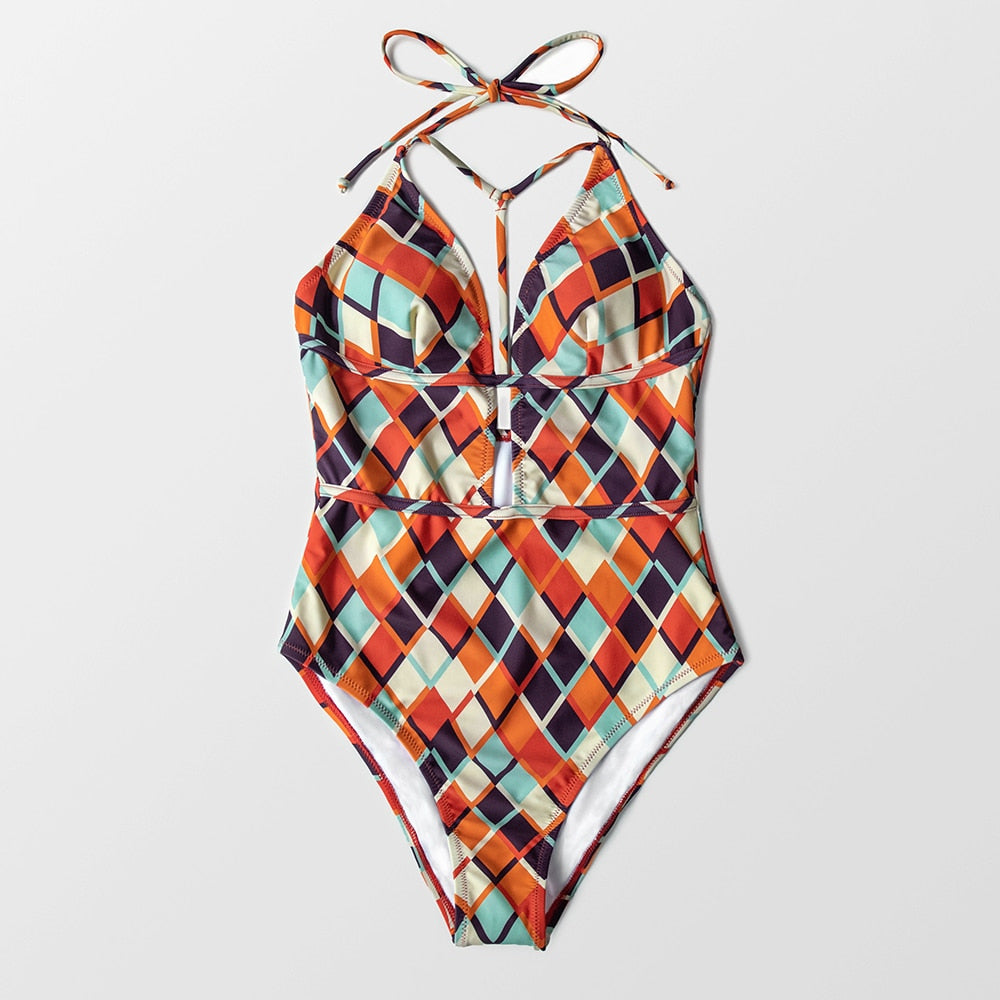 Geometric Print Plunge Neck Swimsuit - One Piece