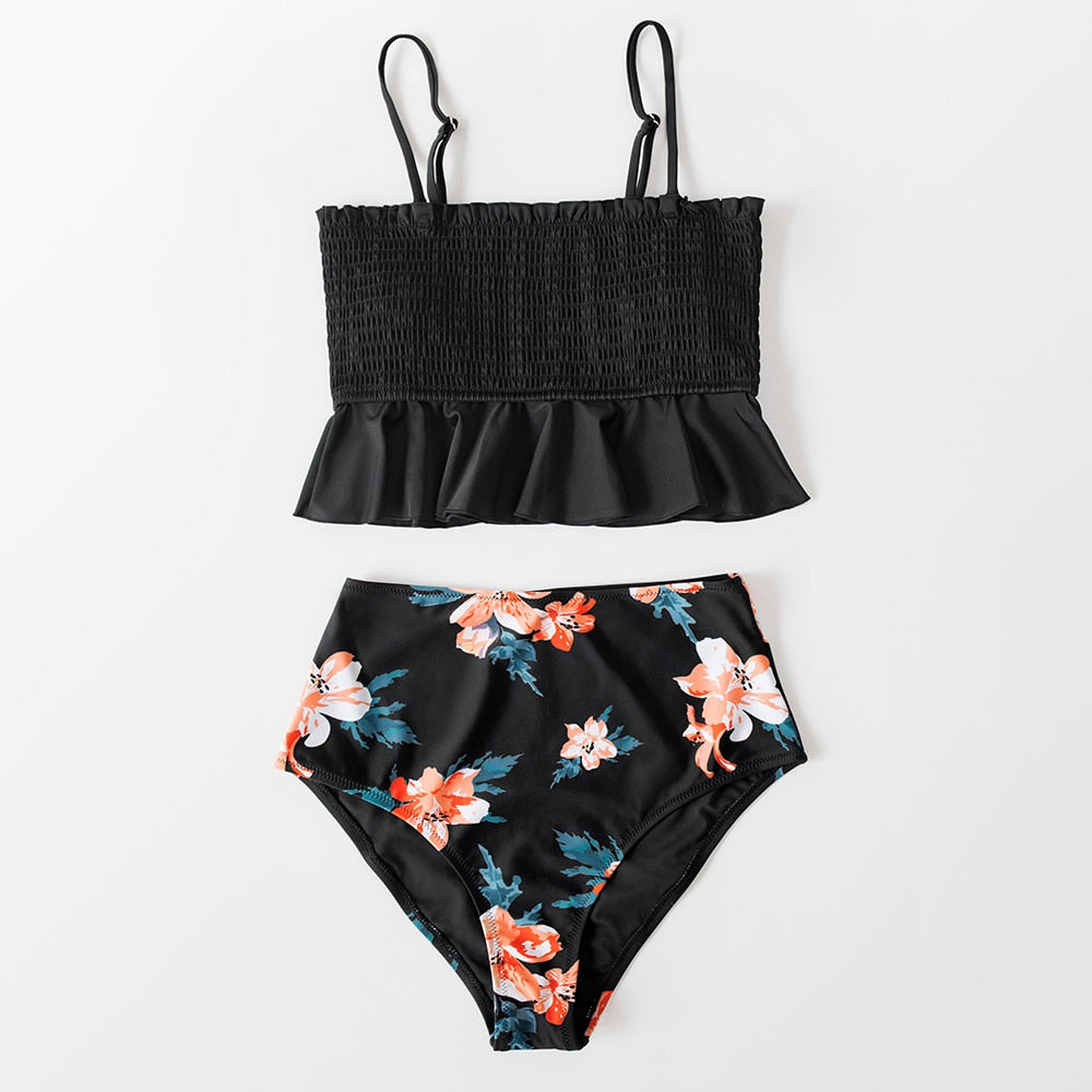 Black Solid Color Floral Ruffle Tankini - High Waist