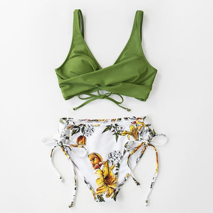 Bikini de Tirantes con Cordones Floral Blanco y Verde - Cintura Media