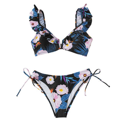 Bikini Floral Azul con Volantes Cuello en V - Cintura Baja