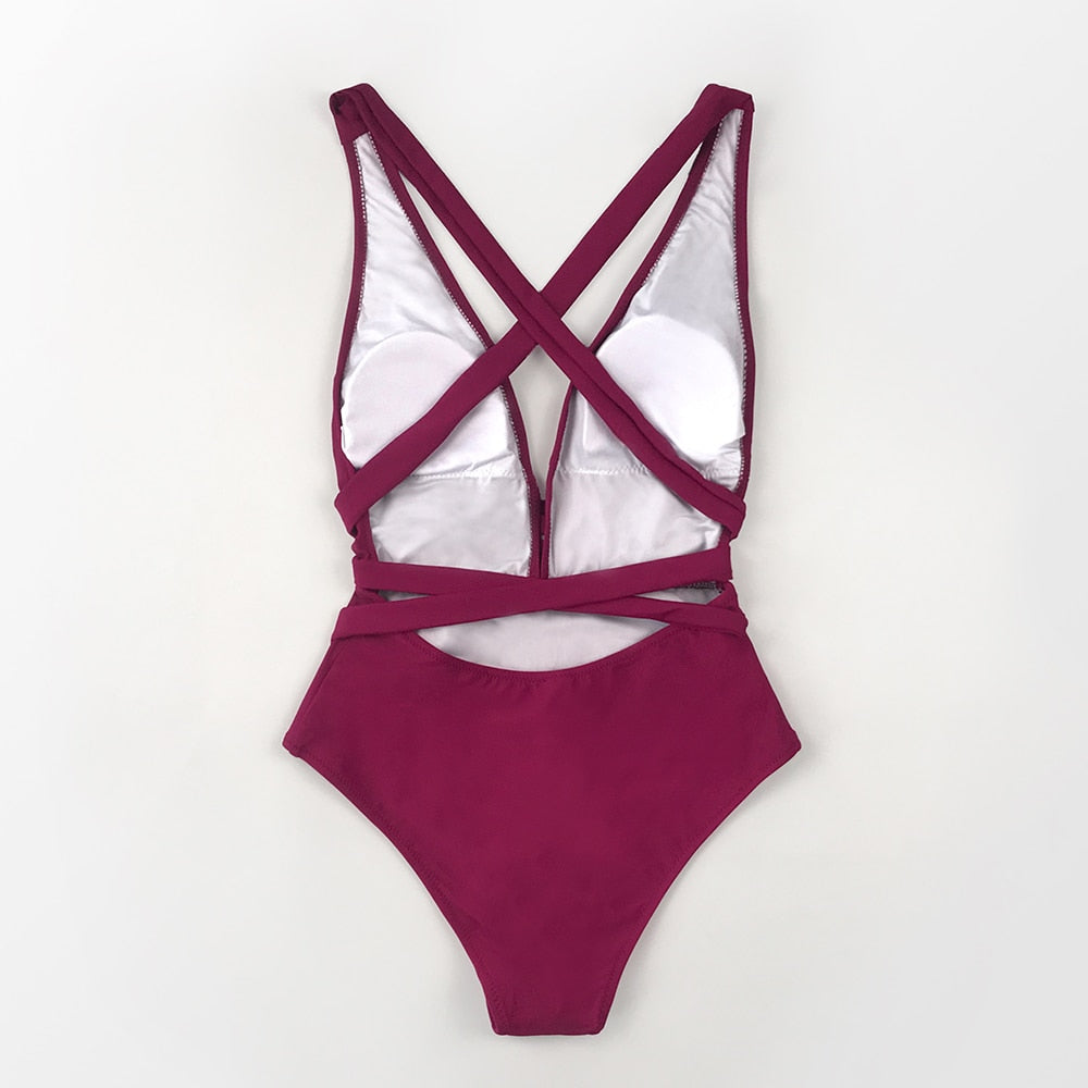 Purple V Neck Swimsuit with Bow - One Piece