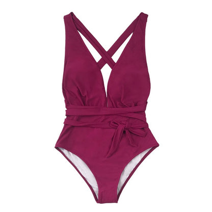 Purple V Neck Swimsuit with Bow - One Piece