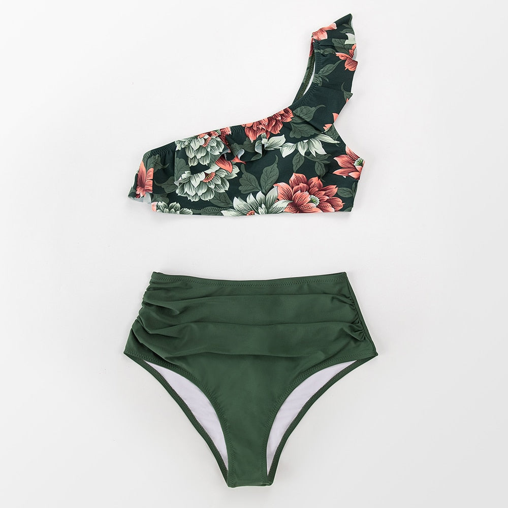 Dark Green Floral One Shoulder Ruffle Bikini - High Waist