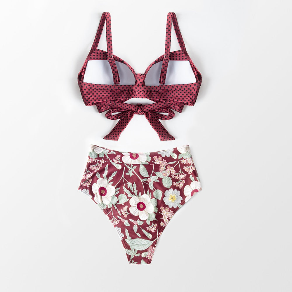 Bikini con Copas de Estampado Floral y Lunares - Cintura Alta