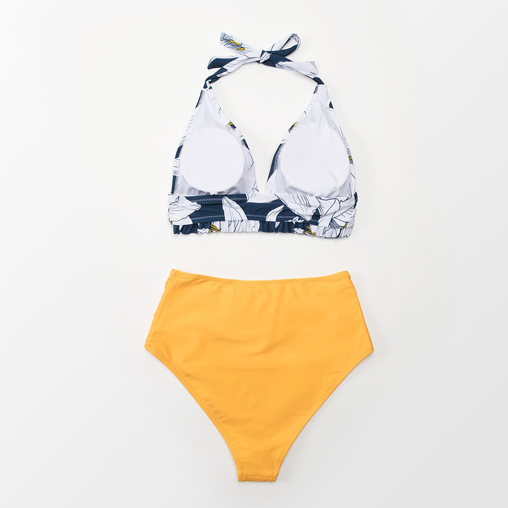 Knotted Bikini with Floral Print on a Yellow Background - High Waist
