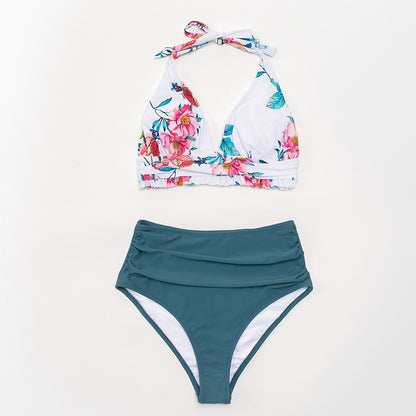 Bikini Anudado con Estampado Floral en Fondo Verde/Blanco - Cintura Alta