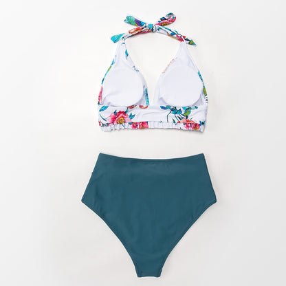 Knotted Bikini with Floral Print on a Green/White Background - High Waist