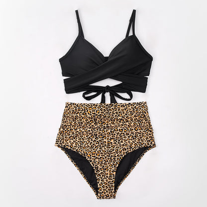 Bikini Falbala Negro y Leopardo - Cintura Alta