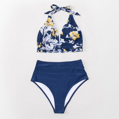 Bikini Anudado con Estampado Floral en Fondo Azul - Cintura Alta