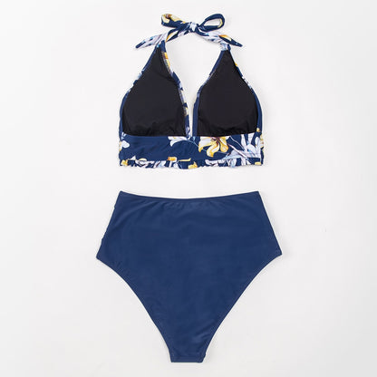 Knotted Bikini with Floral Print on Blue Background - High Waist