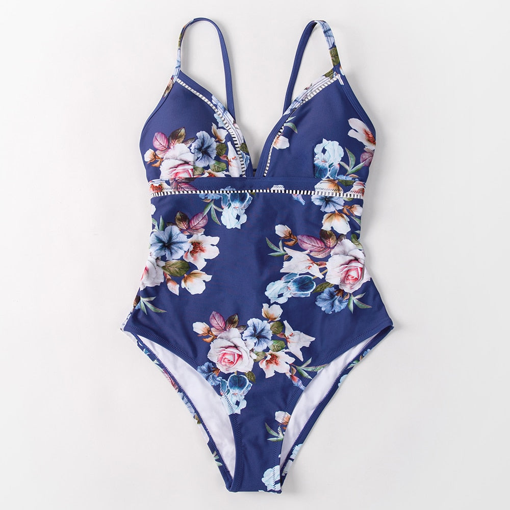 Blue Swimsuit with Floral Laces - One Piece