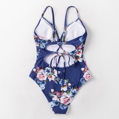 Blue Swimsuit with Floral Laces - One Piece