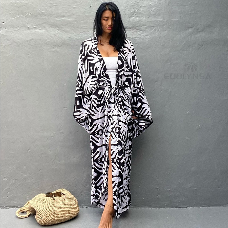 Black and shop white kimono dress