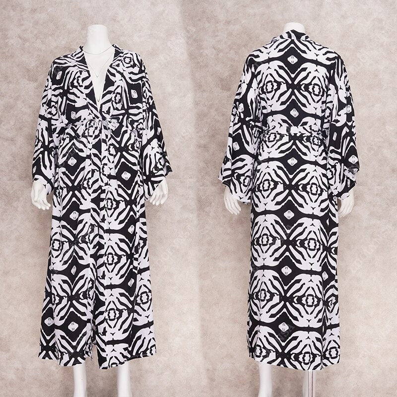 Black and White Belted Kimono Dress