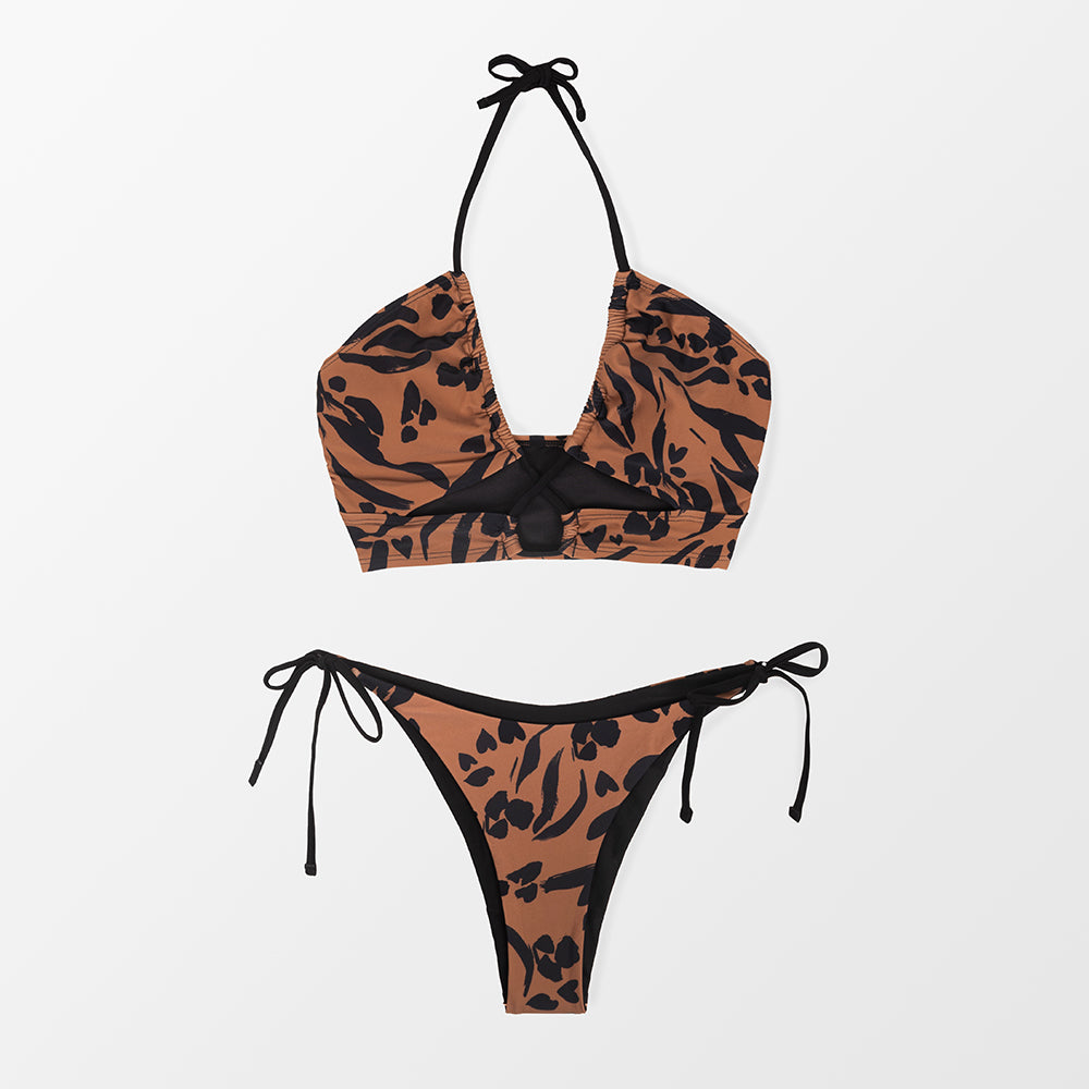 Wild At Heart Tie Side Bikini Set In Tan And Black - Low Rise