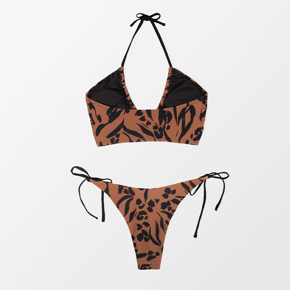 Wild At Heart Tie Side Bikini Set In Tan And Black - Low Rise