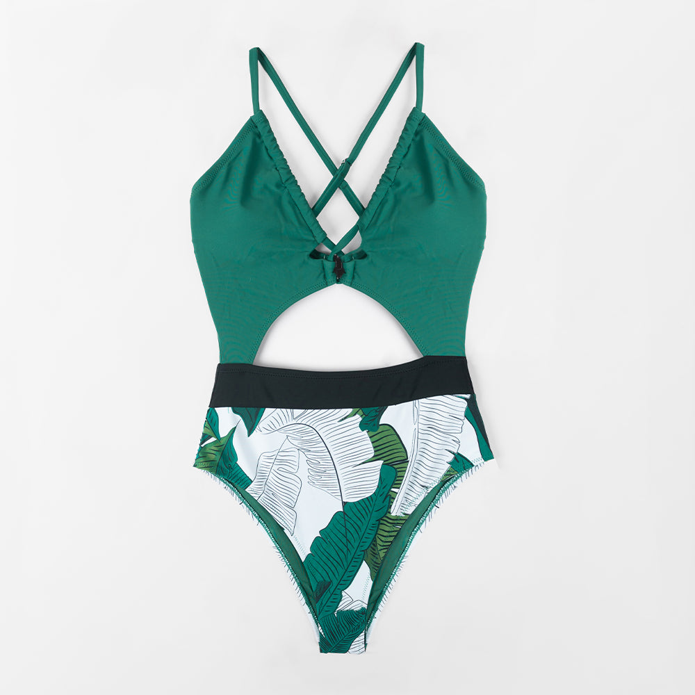 Cut Out Swimsuit with Leaves on Strong Green Background - One Piece